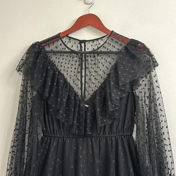 Milly Black dot Tulle Ruffled Tiered Sundress with Bishop Sleeves sz -4 - Picture 4 of 9
